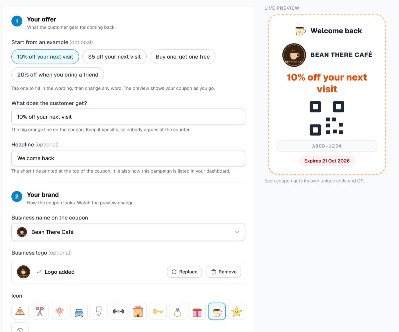 The coupon builder: offer text, business name, logo and mascot, with a live preview of the coupon