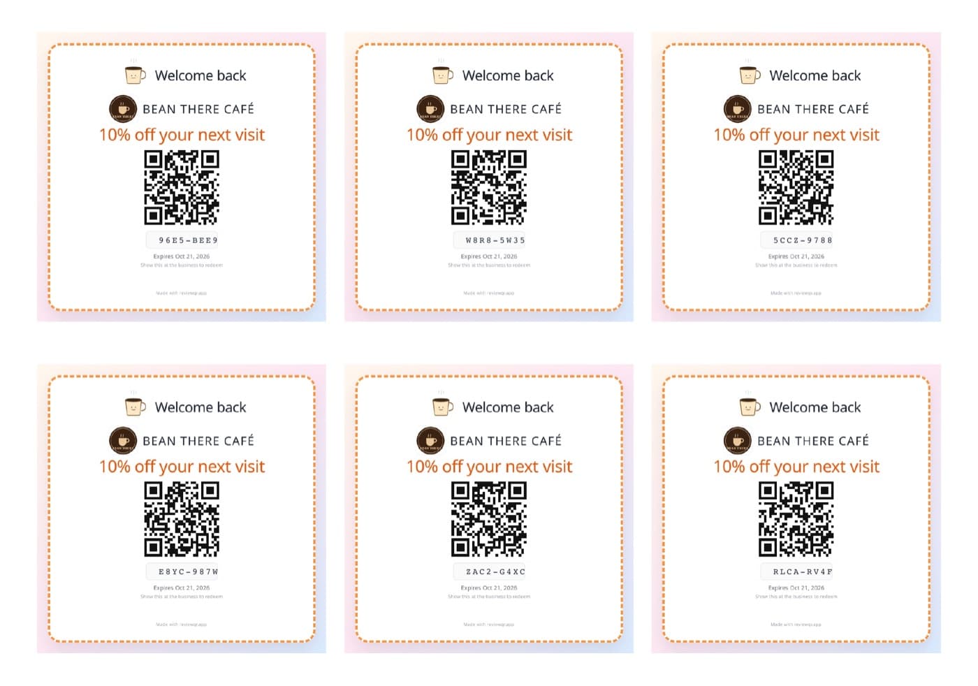 A print-ready sheet of six single-use QR coupon stickers for Bean There Café