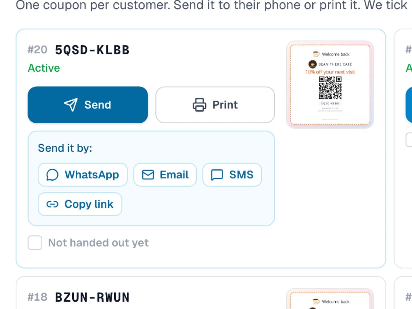 Send panel on a coupon: WhatsApp, Email, SMS and Copy link buttons